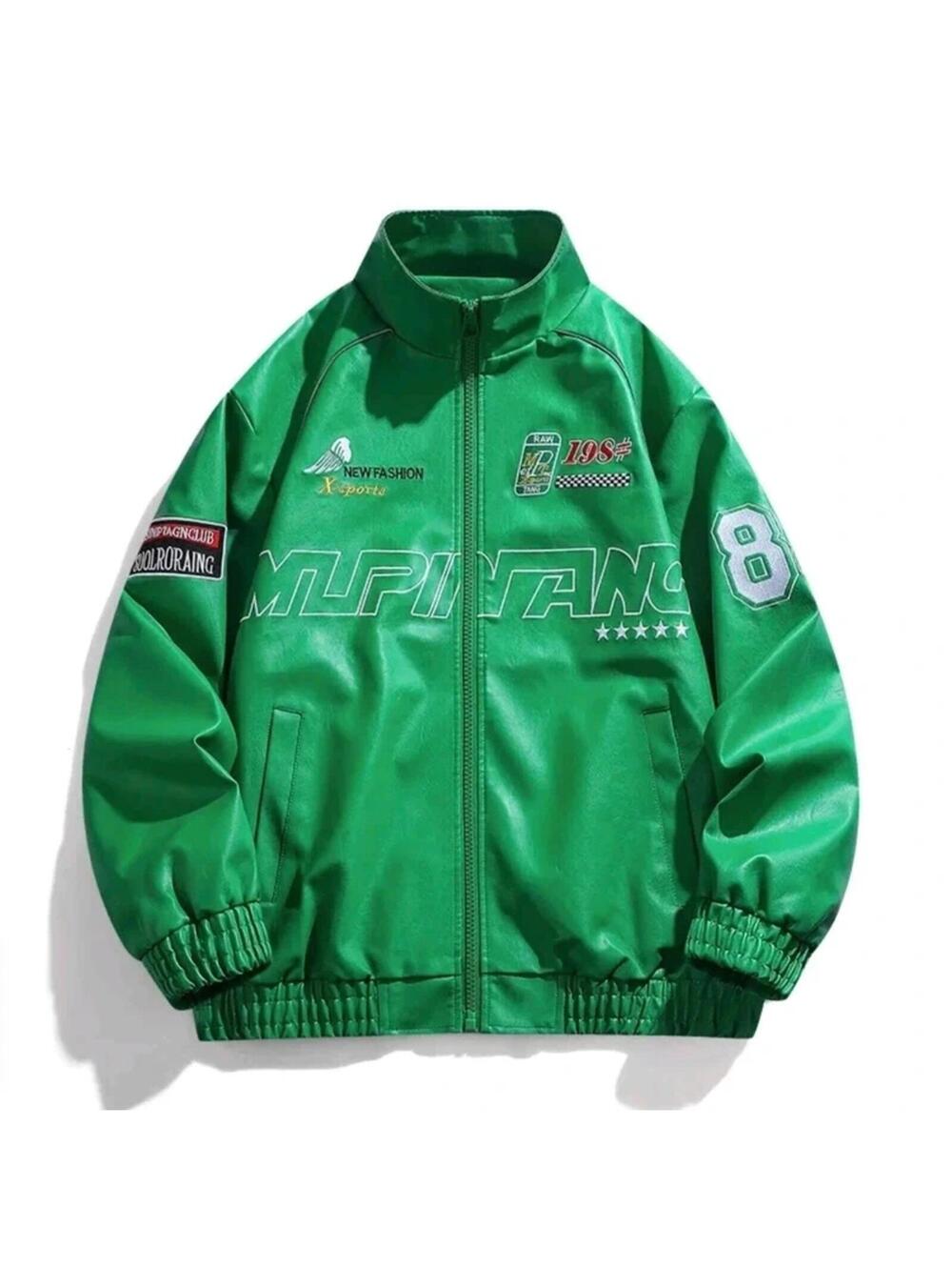 New Men's Bomber Jacket Vegan Leather Moto Riding Biker Embroidered M